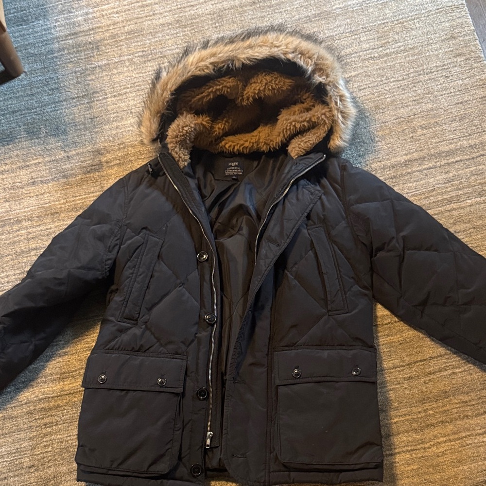 J Crew Black Quilted Jacket with Faux Fur Hood Size Medium